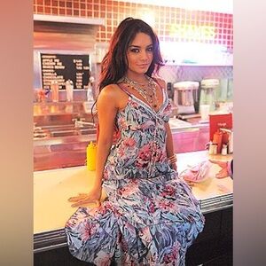 Candie’s Blue Floral Empire Waist Beaded Maxi Dress Size Small Y2K